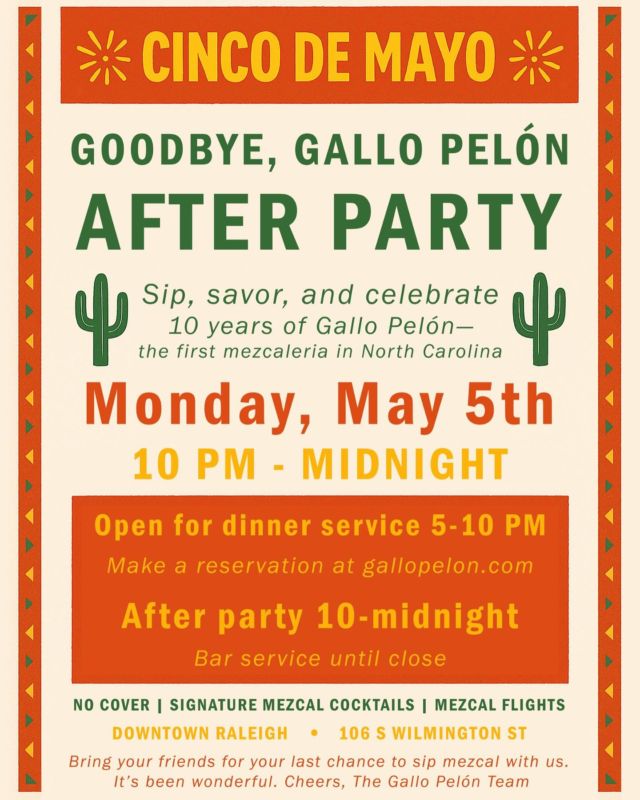 Last call!!!
Gallo’s last shift will be cinco de mayo.
We will be taking reservations for regular service 5-10pm. You can make your cinco de Mayo reservations on our website.
And then a late night cap 10-midnight for a final good bye mezcalito.JOIN US 🙏🏽❤️